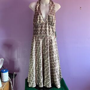 Alyn Paige Brown Halter Dress Size 9/10 Fancy Fan Pattern Cocktail Party Style